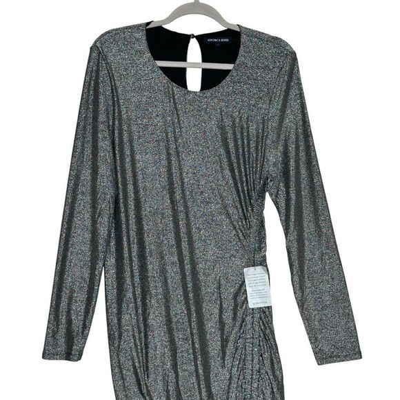 Veronica Beard Cyrus Silver Glitter Ruched Midi Cocktail Dress | L - Picture 3 of 8